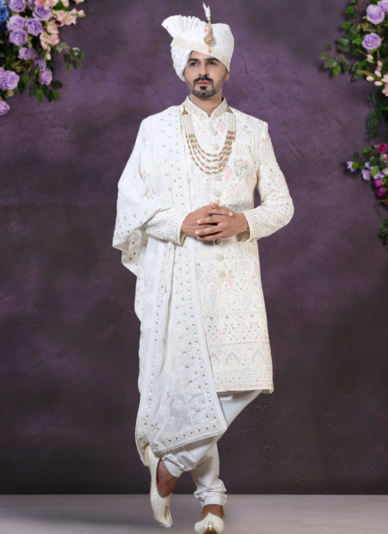 Regal Elegance Cream Velvet Embroidered Sherwani For Men