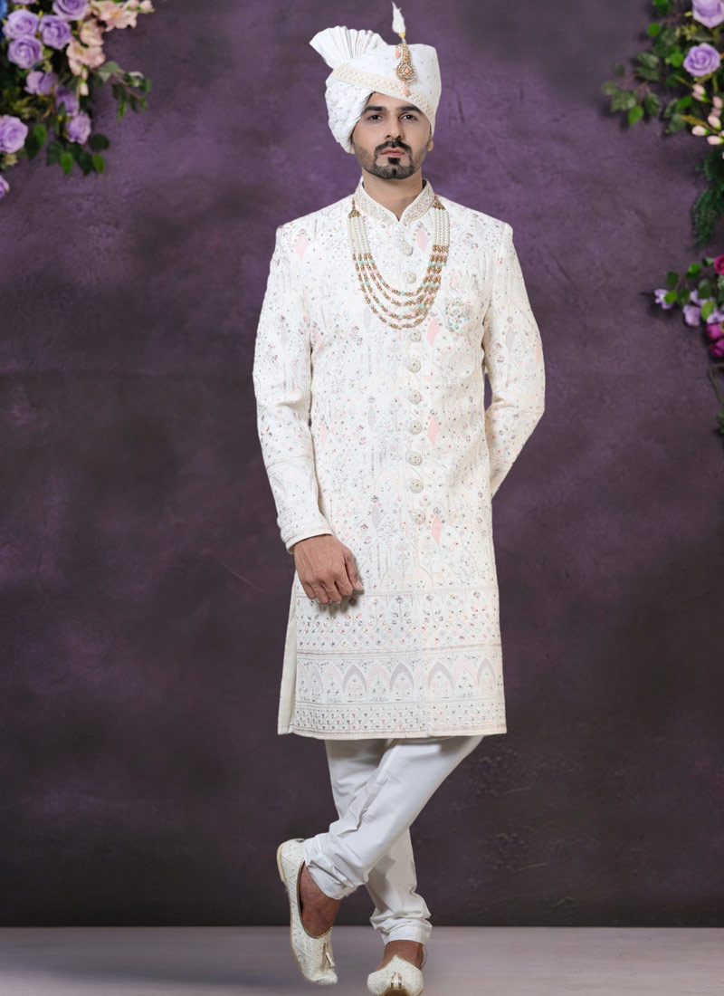 Regal Elegance Cream Velvet Embroidered Sherwani For Men