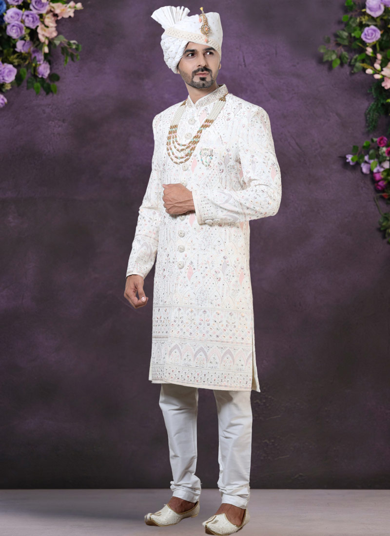 Regal Elegance Cream Velvet Embroidered Sherwani For Men