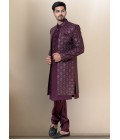 Wine Soft Silk Embroidered Mens Wedding Indo Western