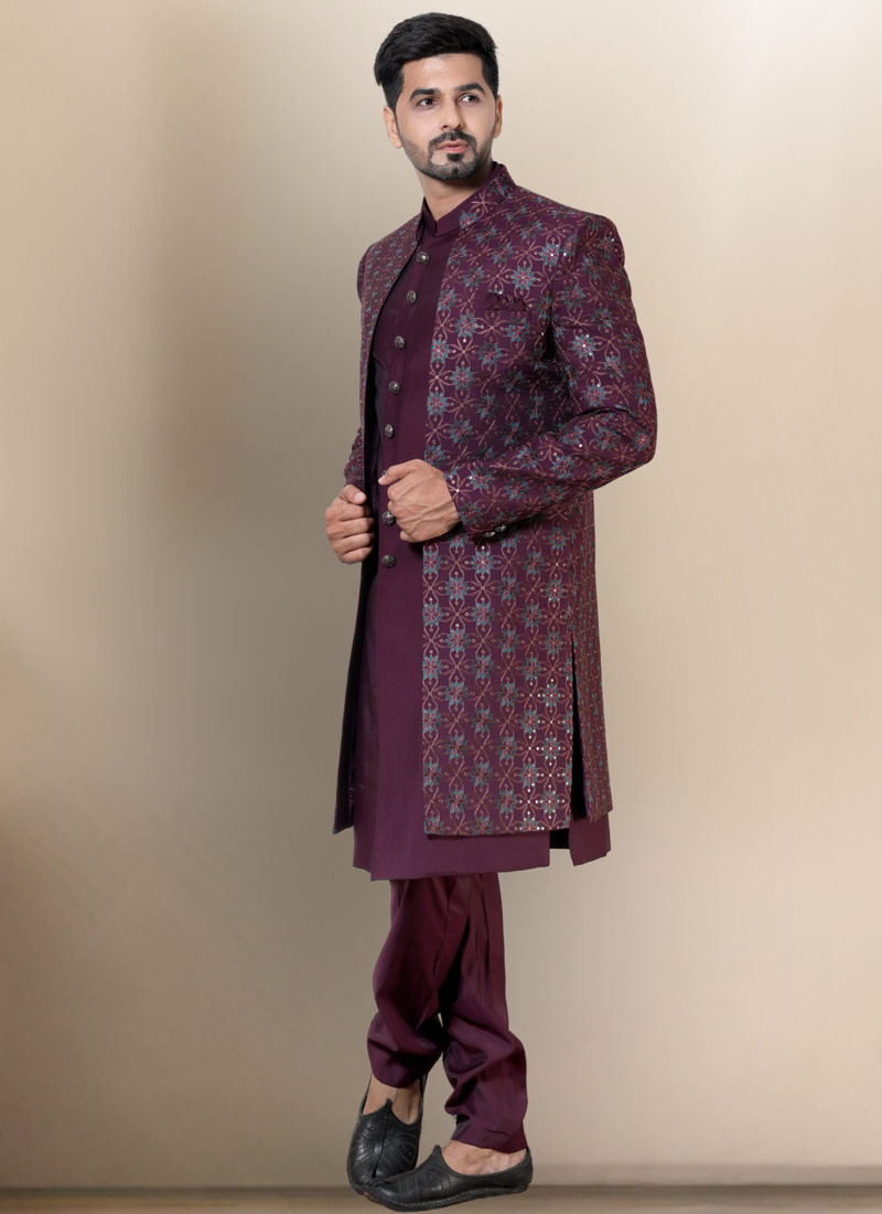 Wine Soft Silk Embroidered Mens Wedding Indo Western