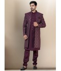 Wine Soft Silk Embroidered Mens Wedding Indo Western