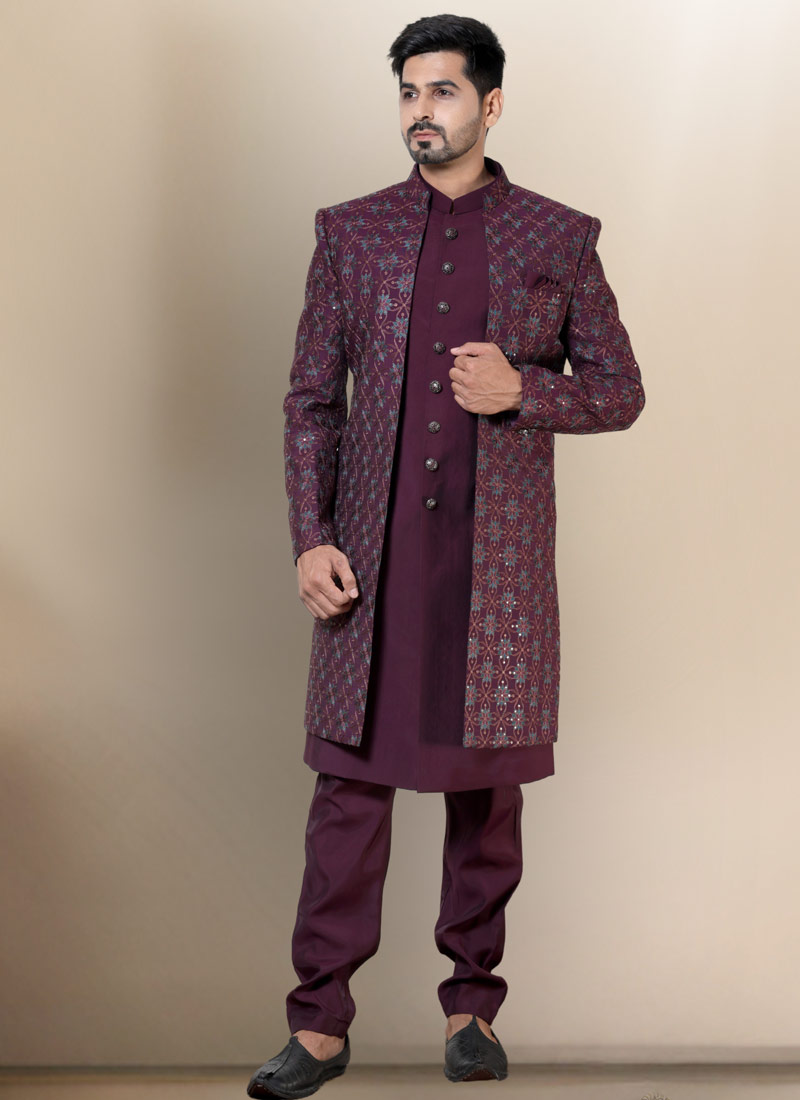 Wine Soft Silk Embroidered Mens Wedding Indo Western