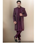 Wine Soft Silk Embroidered Mens Wedding Indo Western