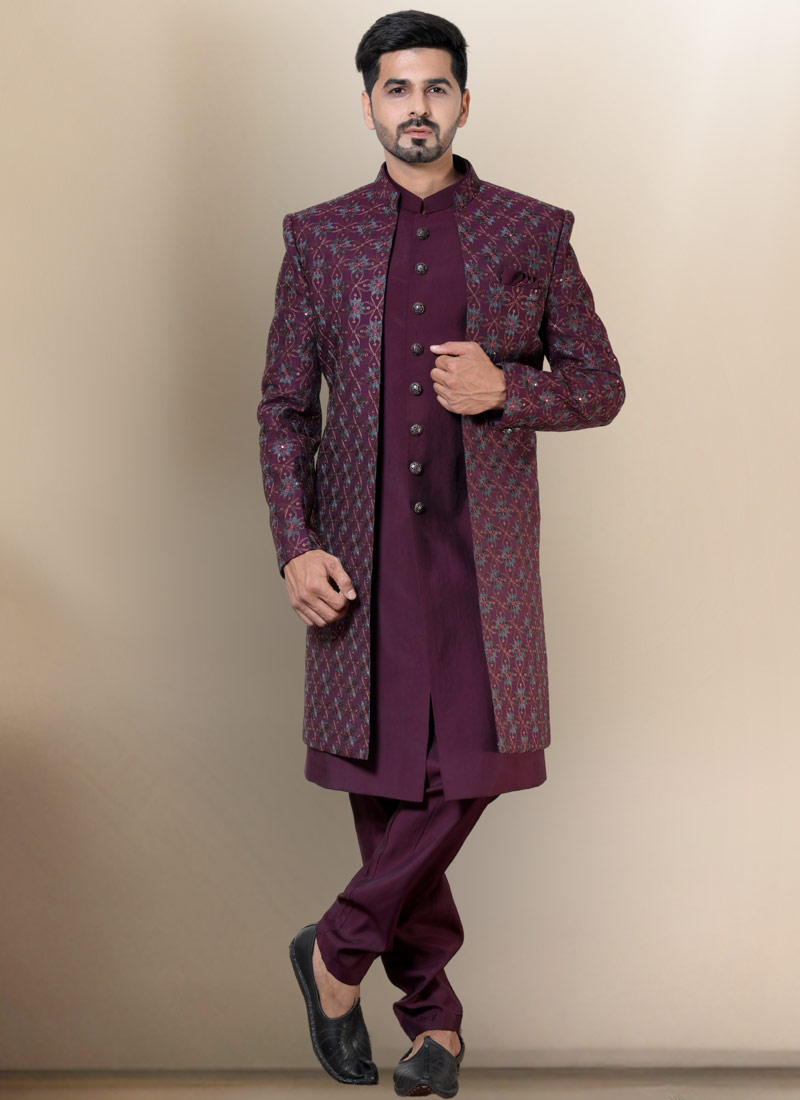 Wine Soft Silk Embroidered Mens Wedding Indo Western