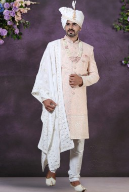 Peach Georgette Embroidered Mens Groom Indo Western