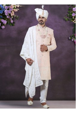 Peach Georgette Embroidered Mens Groom Indo Western