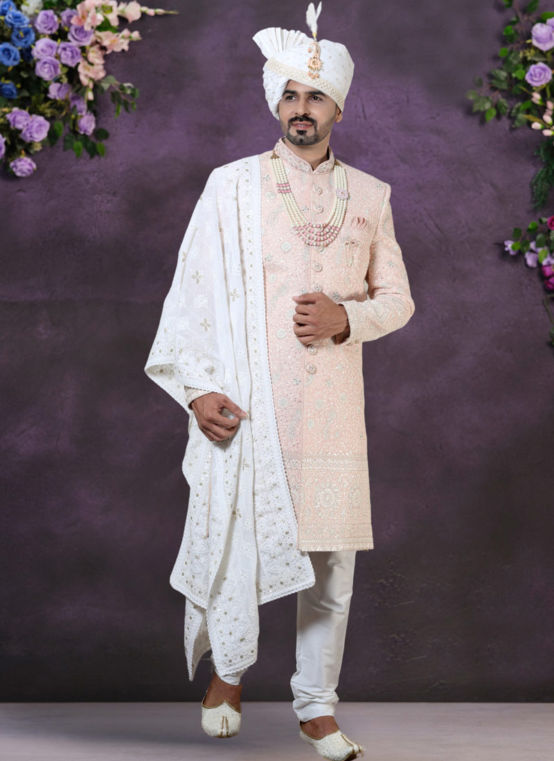 Peach Georgette Embroidered Mens Groom Indo Western