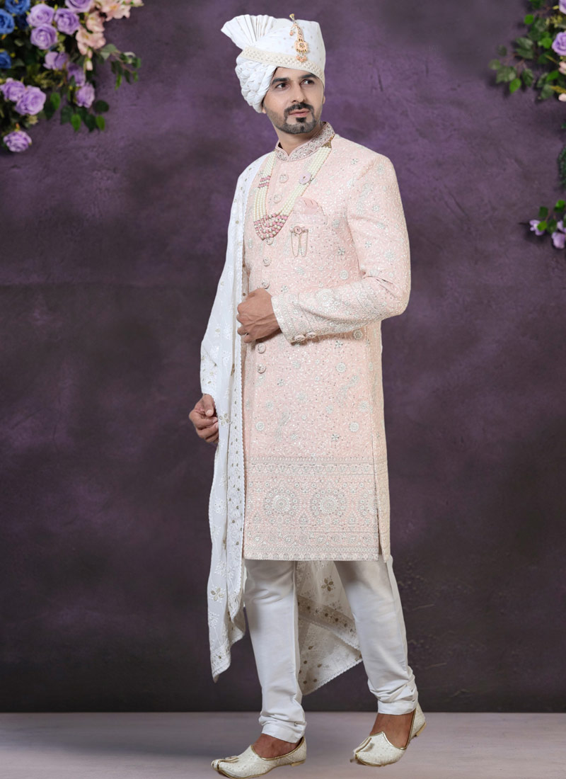 Peach Georgette Embroidered Mens Groom Indo Western