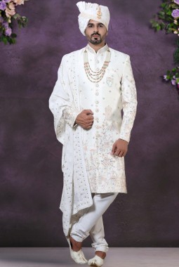 Cream Silk Embroidered Mens Groom Indo Western