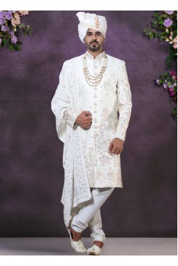 Cream Silk Embroidered Mens Groom Indo Western
