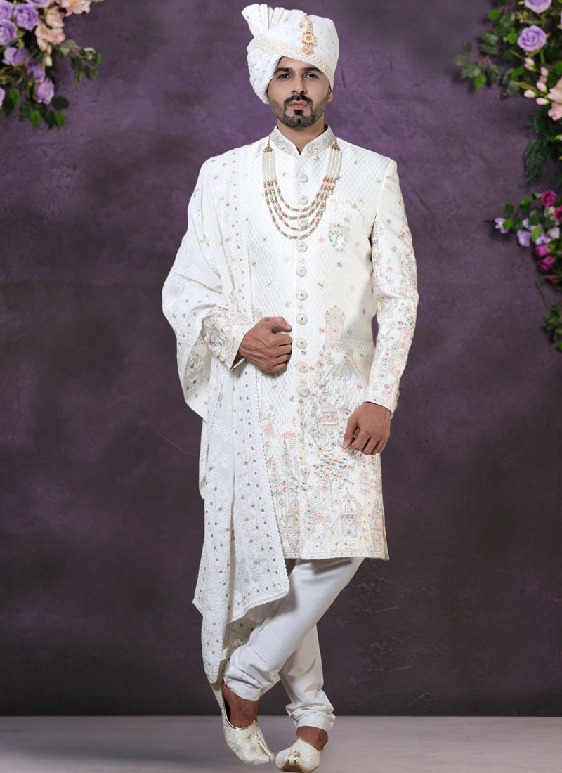 Cream Silk Embroidered Mens Groom Indo Western