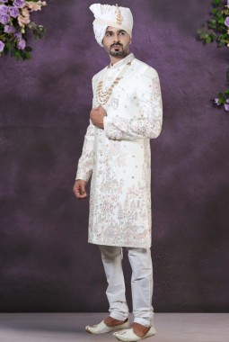 Cream Silk Embroidered Mens Groom Indo Western