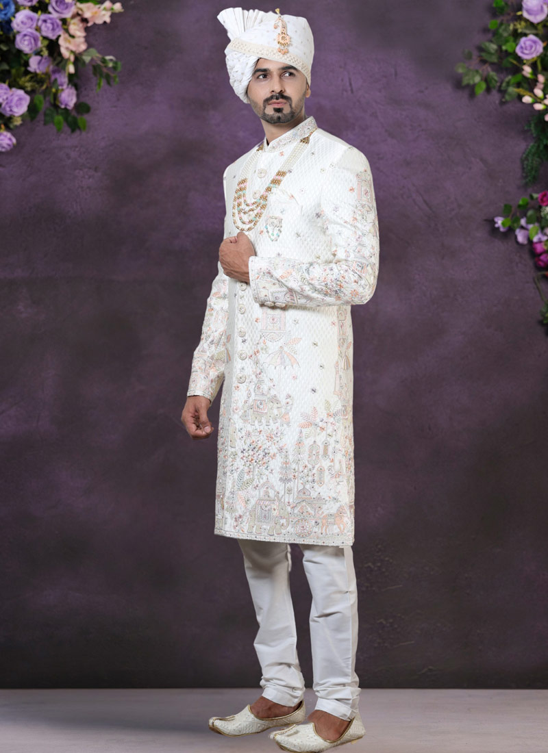 Cream Silk Embroidered Mens Groom Indo Western