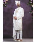 Cream Silk Embroidered Mens Groom Indo Western