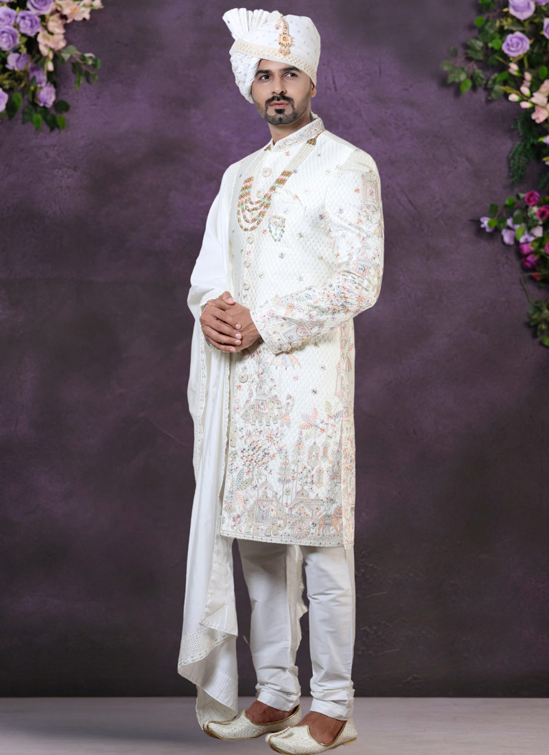 Cream Silk Embroidered Mens Groom Indo Western