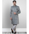 Gray And Green Jacquard Silk Wedding Indo Western 