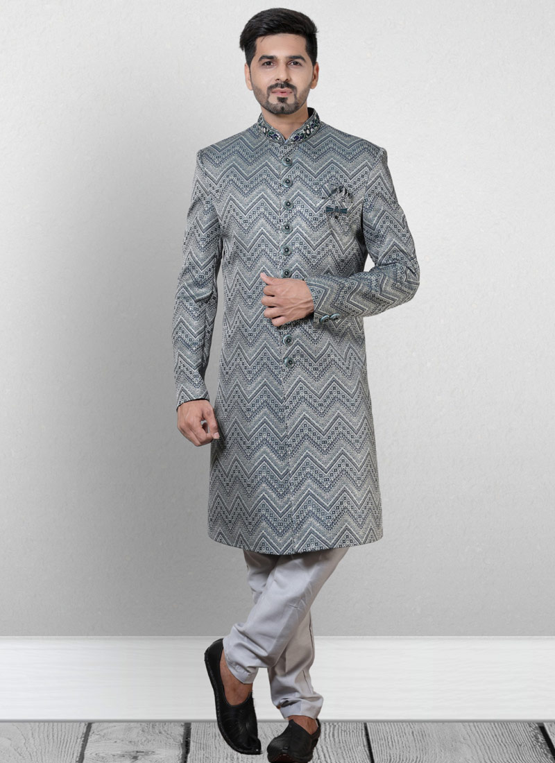 Gray And Green Jacquard Silk Wedding Indo Western 