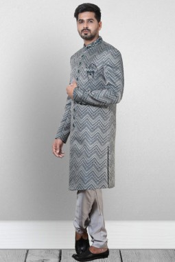 Gray And Green Jacquard Silk Wedding Indo Western 