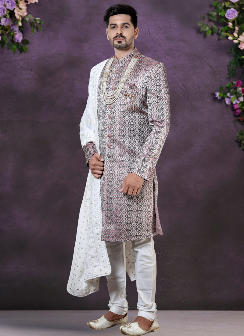 Wine Jacquard Silk Mens Wedding Indo Western