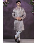 Wine Jacquard Silk Mens Wedding Indo Western