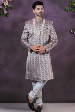 Wine Jacquard Silk Mens Wedding Indo Western