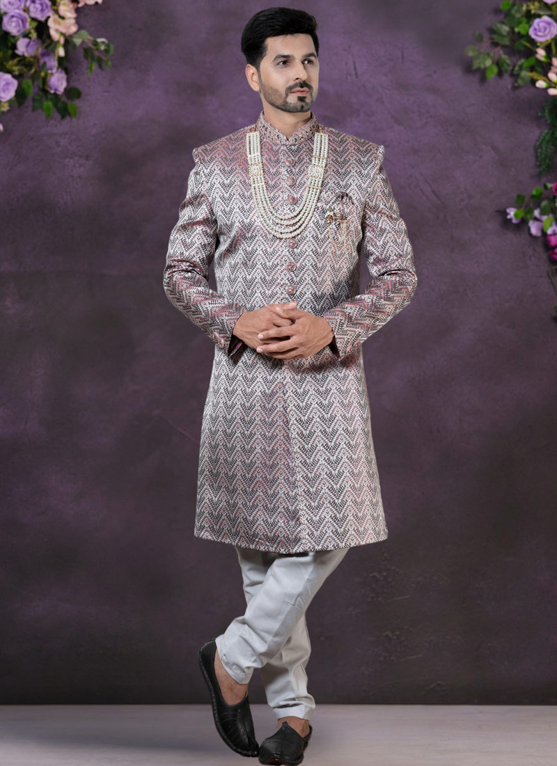 Wine Jacquard Silk Mens Wedding Indo Western