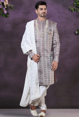 Wine Jacquard Silk Mens Wedding Indo Western