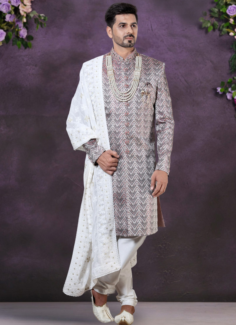 Wine Jacquard Silk Mens Wedding Indo Western