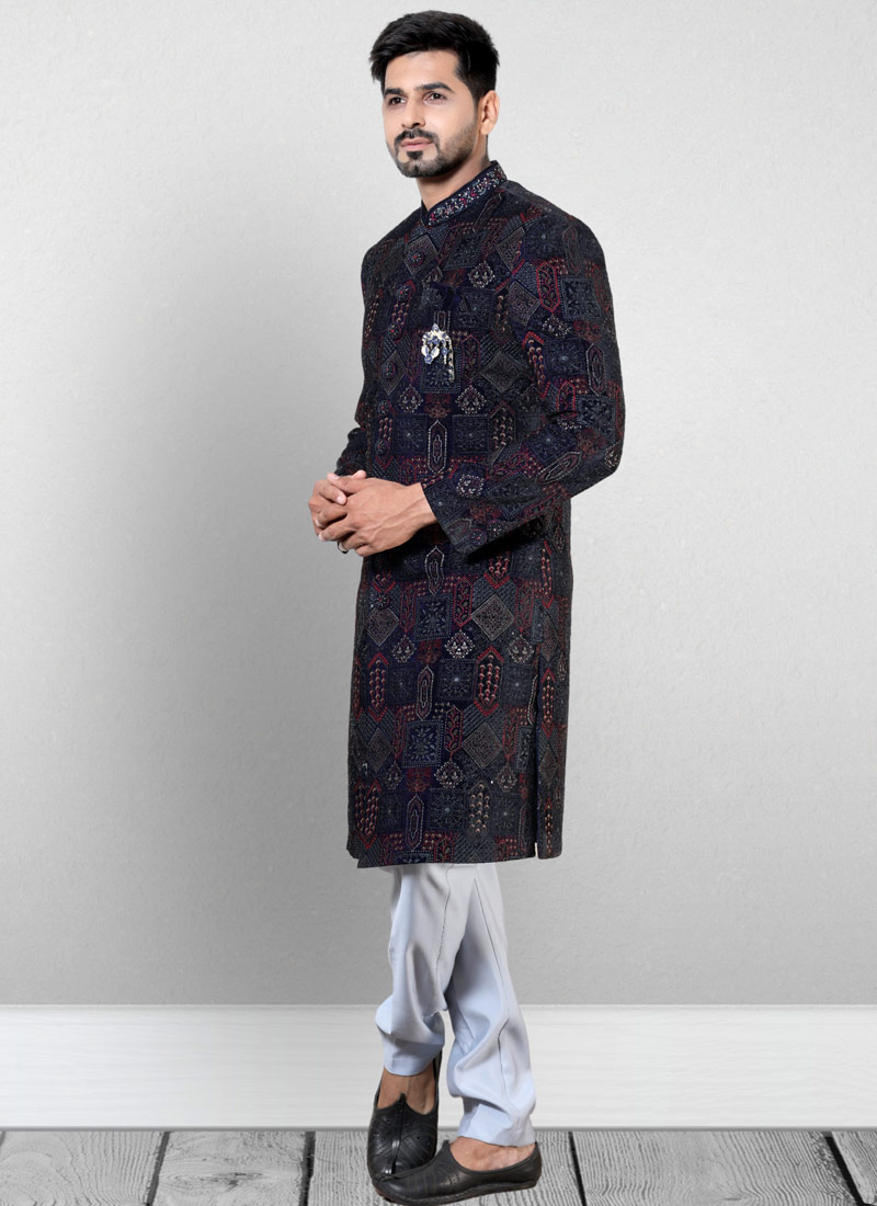 Blue Velvet Embroidered Mens Wedding Indo Western