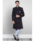 Blue Velvet Embroidered Mens Wedding Indo Western