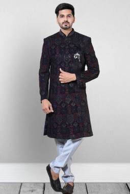 Blue Velvet Embroidered Mens Wedding Indo Western
