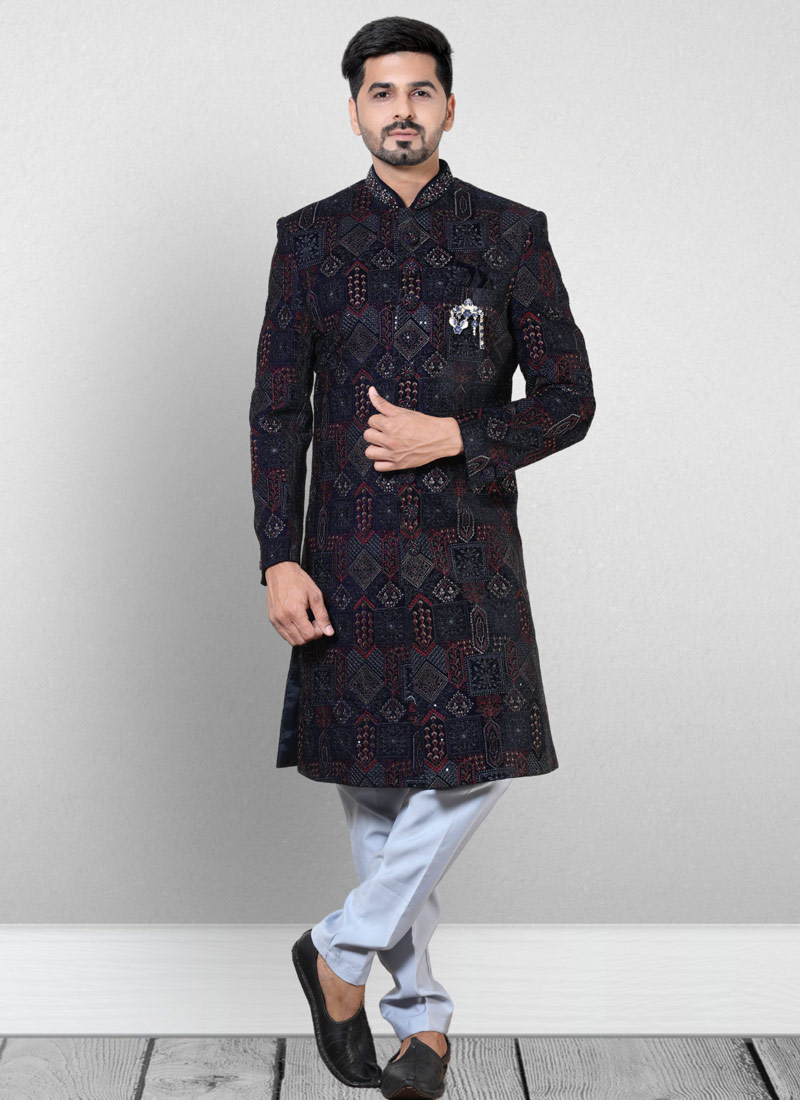 Blue Velvet Embroidered Mens Wedding Indo Western