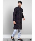 Blue Velvet Embroidered Mens Wedding Indo Western