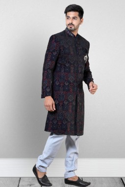 Blue Velvet Embroidered Mens Wedding Indo Western