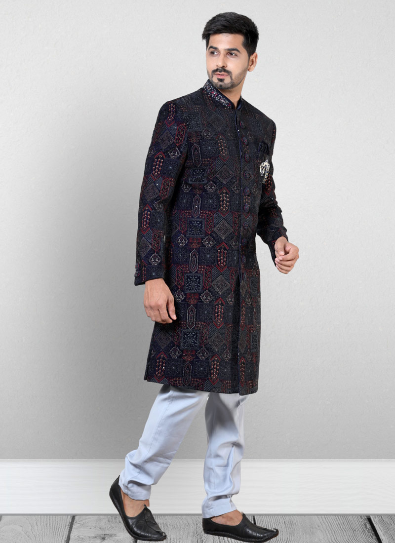 Blue Velvet Embroidered Mens Wedding Indo Western