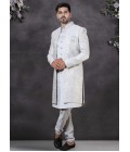 Grey Soft Silk Embroidered Mens Wedding Indo Western