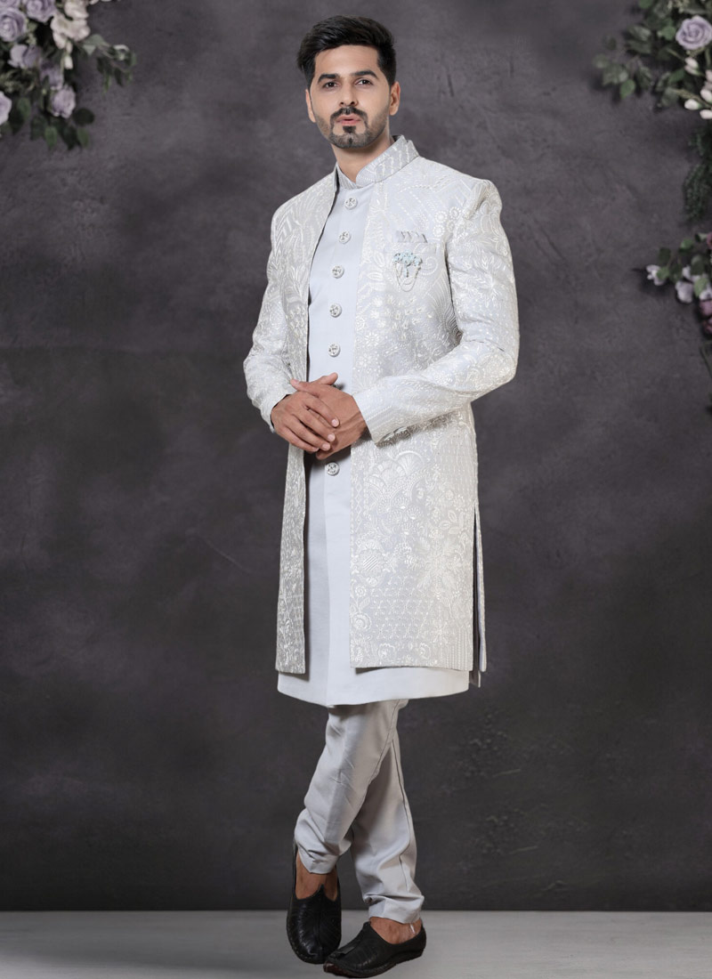 Grey Soft Silk Embroidered Mens Wedding Indo Western