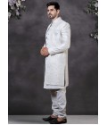 Grey Soft Silk Embroidered Mens Wedding Indo Western