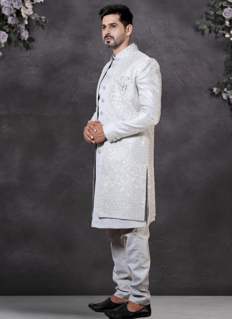 Grey Soft Silk Embroidered Mens Wedding Indo Western