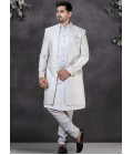 Grey Soft Silk Embroidered Mens Wedding Indo Western