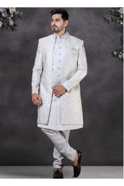 Grey Soft Silk Embroidered Mens Wedding Indo Western