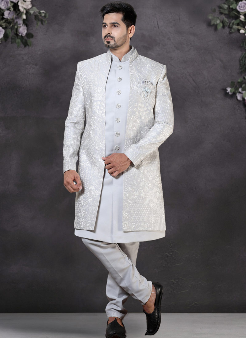 Grey Soft Silk Embroidered Mens Wedding Indo Western