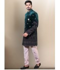 Bottle Green Velvet Embroidered Mens Wedding Indo Western