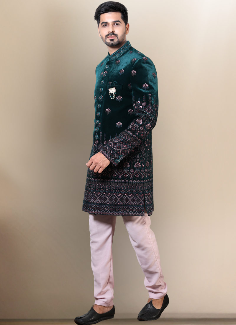 Bottle Green Velvet Embroidered Mens Wedding Indo Western