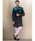 Bottle Green Velvet Embroidered Mens Wedding Indo Western