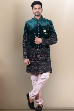 Bottle Green Velvet Embroidered Mens Wedding Indo Western