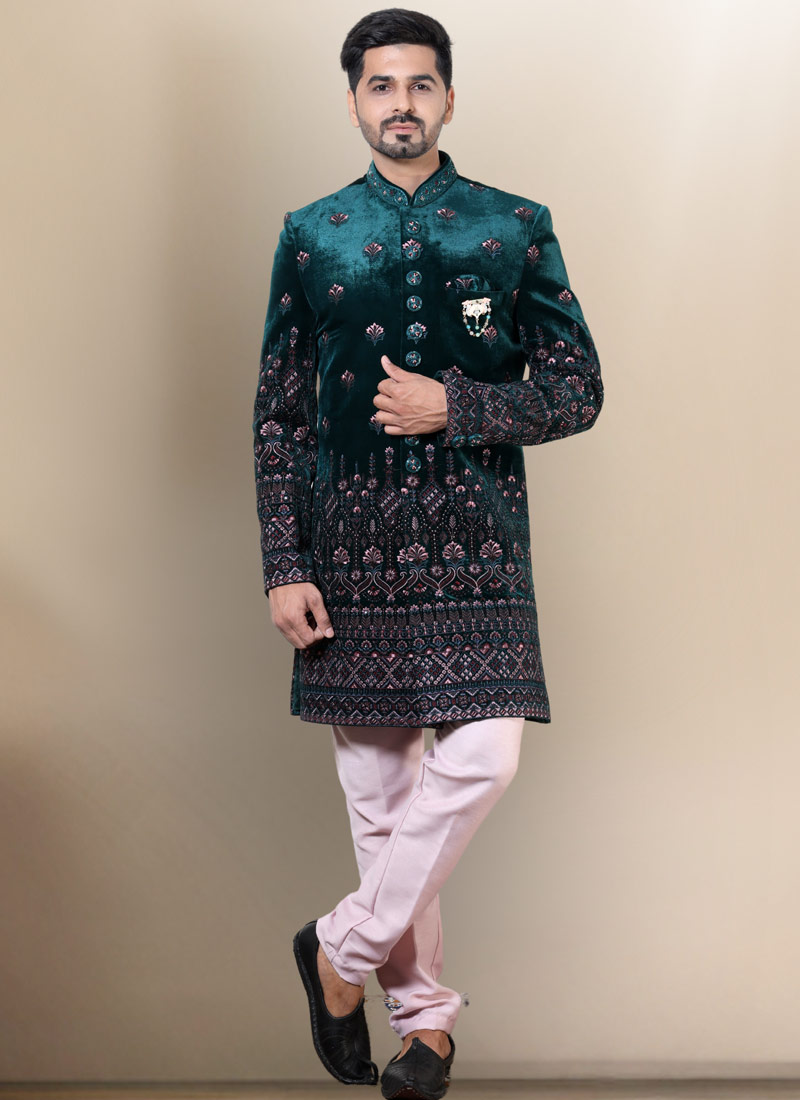 Bottle Green Velvet Embroidered Mens Wedding Indo Western