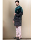 Bottle Green Velvet Embroidered Mens Wedding Indo Western