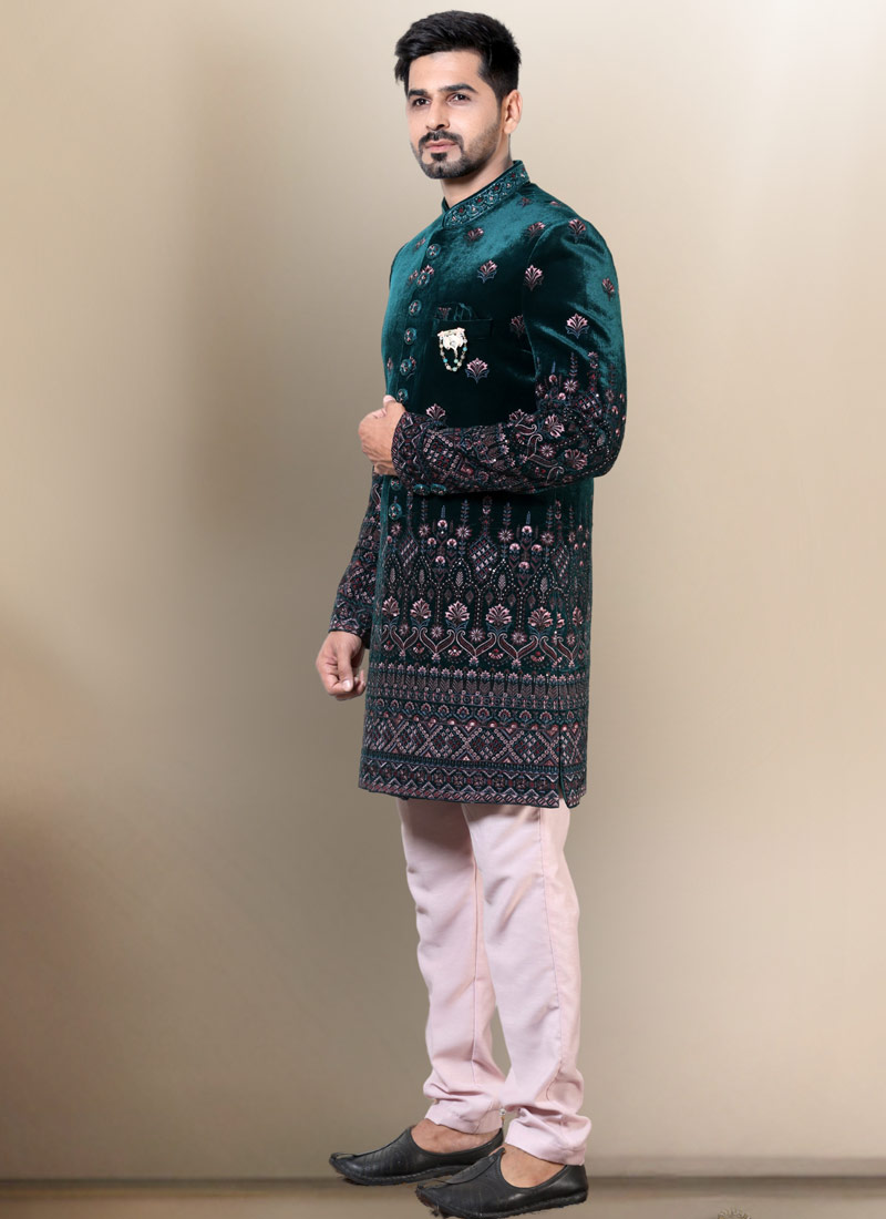 Bottle Green Velvet Embroidered Mens Wedding Indo Western